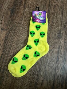 Neon Yellow Alien Face Crew Socks — Unbranded